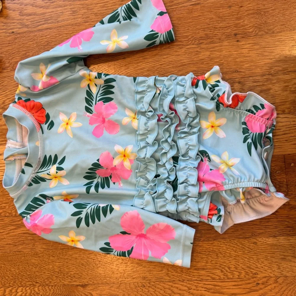 Carter's, Little Me, lot of 4 swimsuits 6-9 months blue, teal, pink Rash guards